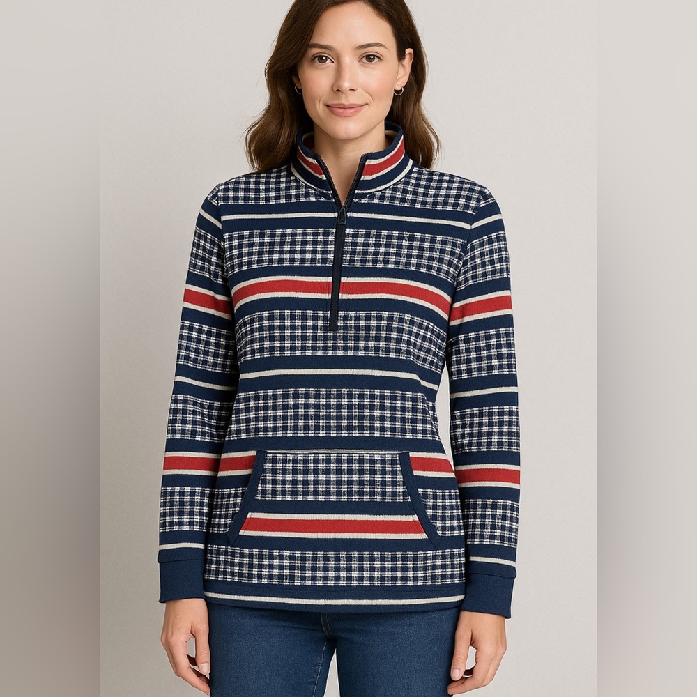 Talbots T by Talbots Women’s Medium Navy Red White Striped Funnel Neck Pullover